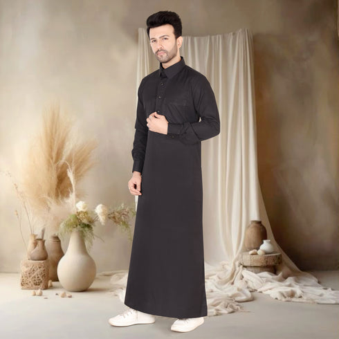 Elegant Jet Black Qatari Thobe-Mens
