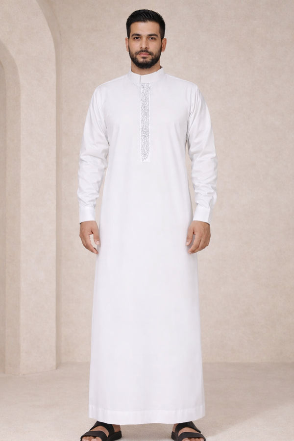 Royal Ivory Silver Embroidered Saudi Thobe - Men