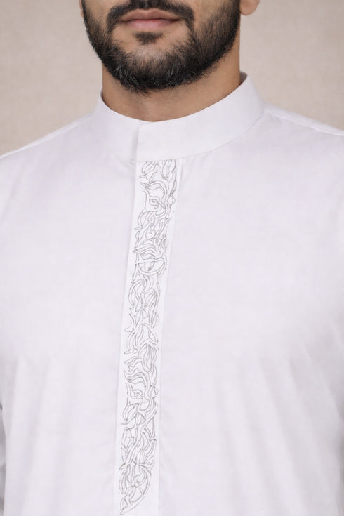 Royal Ivory Silver Embroidered Saudi Thobe - Men