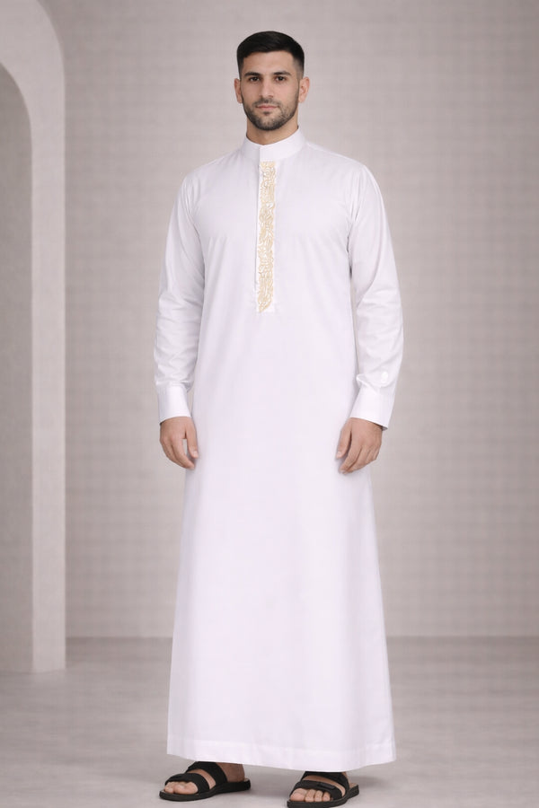 Royal Ivory Gold Embroidered Saudi Thobe - Men