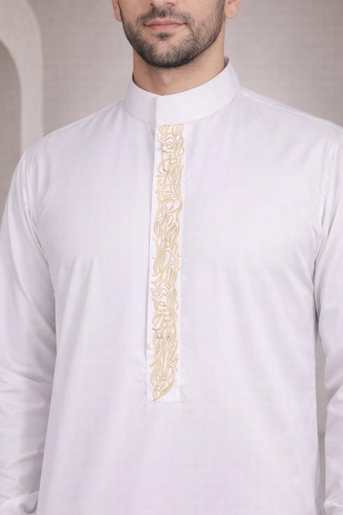 Royal Ivory Gold Embroidered Saudi Thobe - Men