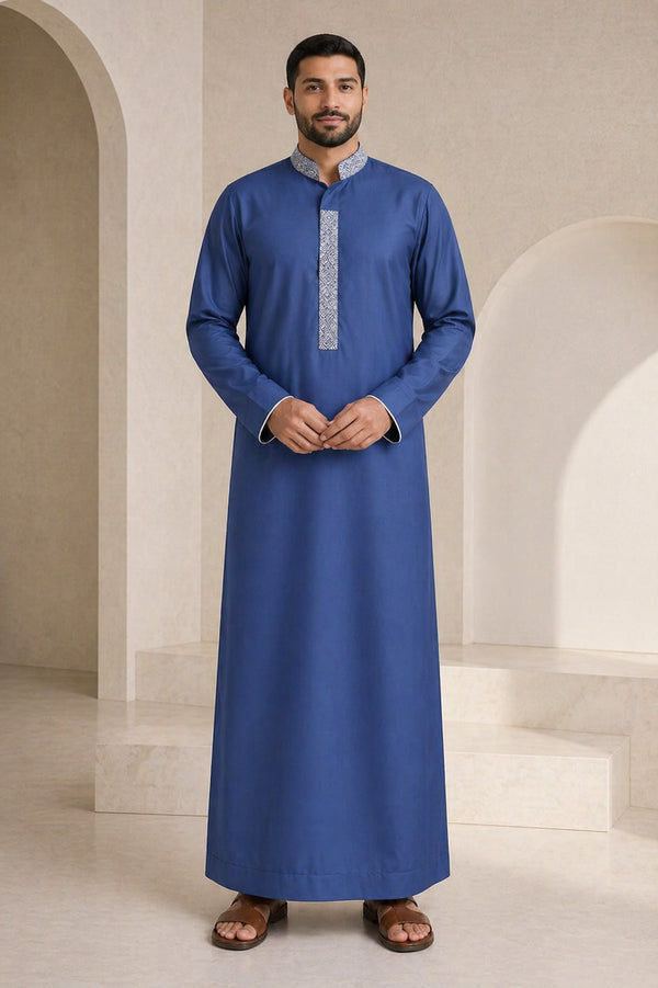 Cobalt Blue Embroidered Thobe - Men