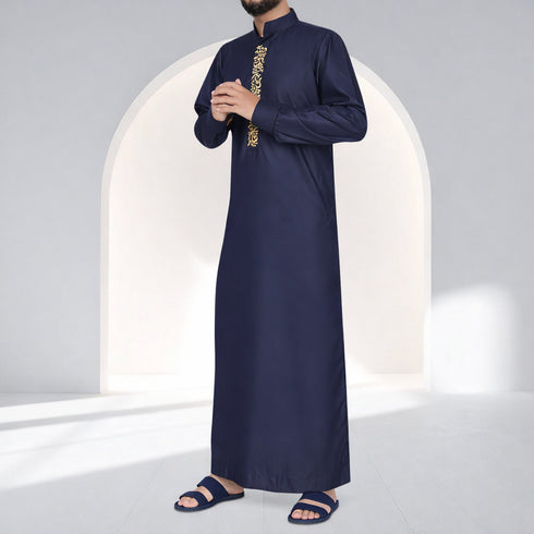 Royal Jet Blue Thobe with Modern Golden Arabic Calligraphy
