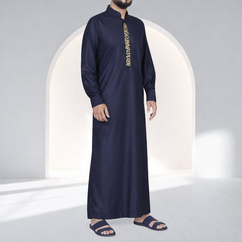 Royal Jet Blue Thobe with Modern Golden Arabic Calligraphy
