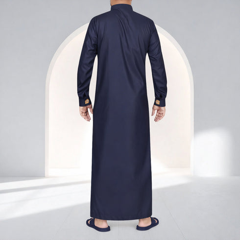 Royal Jet Blue Thobe with Modern Golden Arabic Calligraphy