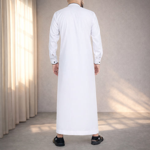 White Ember | Black Buttons | Designed Collar | Saudi Style Thobe