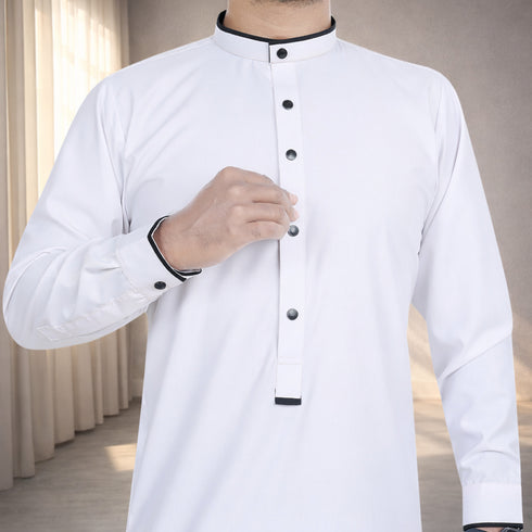 White Ember | Black Buttons | Designed Collar | Saudi Style Thobe