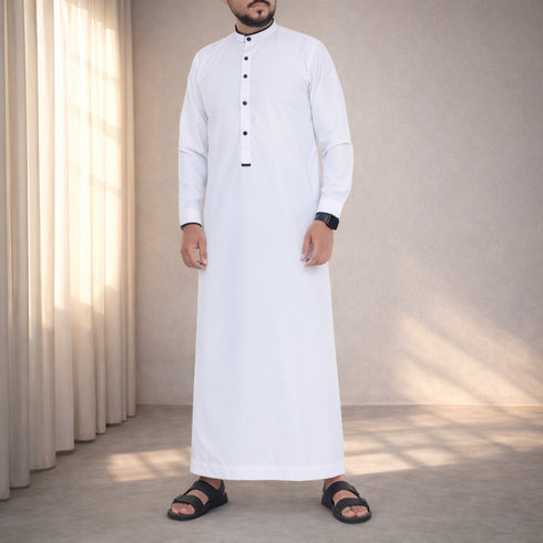 White Ember | Black Buttons | Designed Collar | Saudi Style Thobe