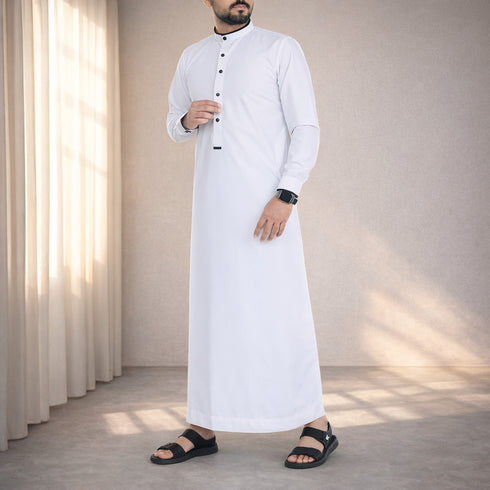 White Ember | Black Buttons | Designed Collar | Saudi Style Thobe