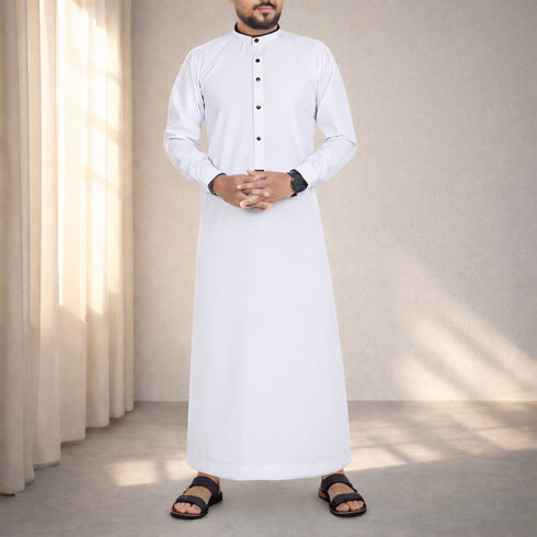 White Ember | Black Buttons | Designed Collar | Saudi Style Thobe