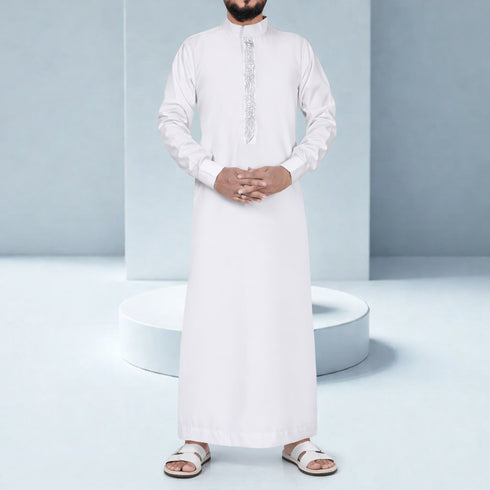 Pure Elegance – Royal Ivory Silver Embroidered Saudi Style Thobe