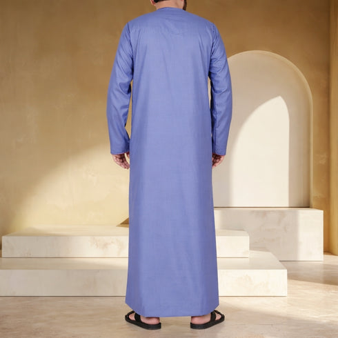 Zenith Steel Blue Tassel Thobe – Modern Elegance with Stylish Embroidery