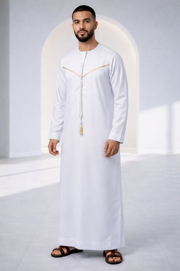 Elegant White Thobe with Gold Stripe Detailing for Men
