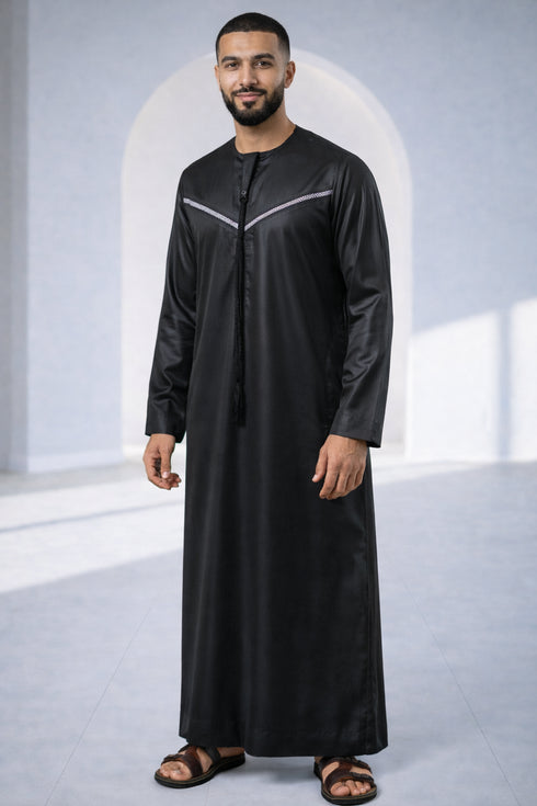 Elegant Black Thobe with Silver Strap Detail for Men