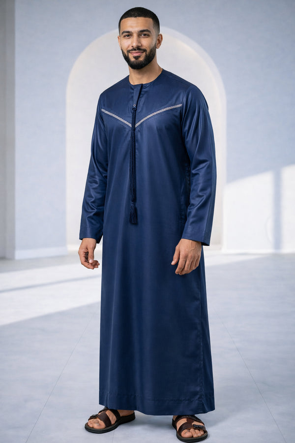 Navy Blue Emirati Thobe with White Embroidery