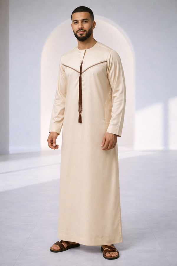 Elegant Cream Thobe with Brown Strap Detail for Men