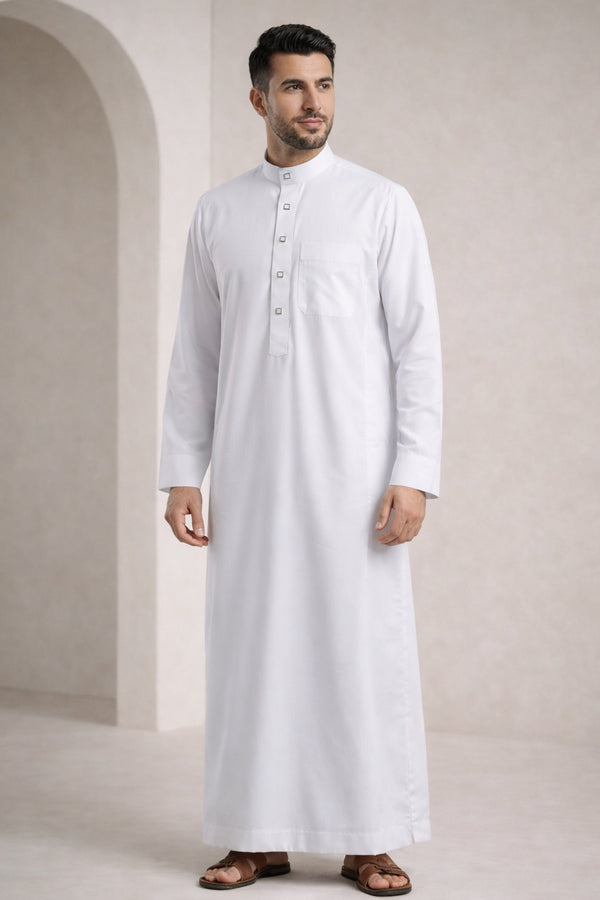 White Buttoned Collared Thobe - Men
