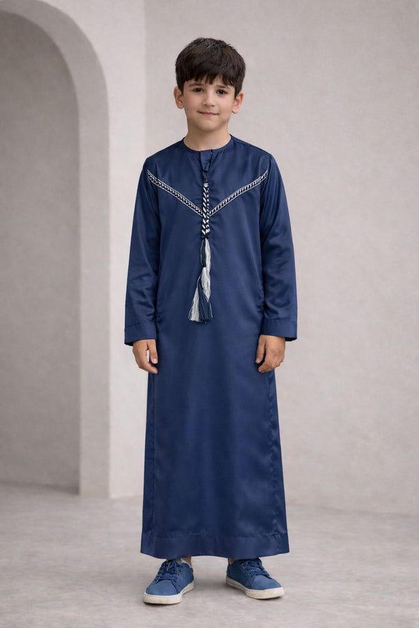 Navy Blue Emirati Embroidered Thobe - Kids