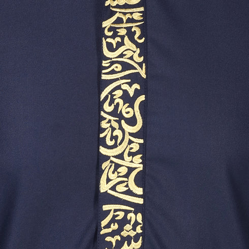 Royal Jet Blue Thobe with Modern Golden Arabic Calligraphy
