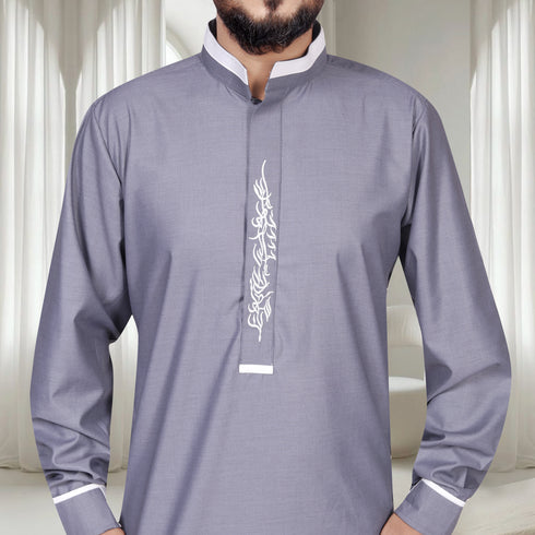 Elegant Grey with Light Calligraphy Embroidery