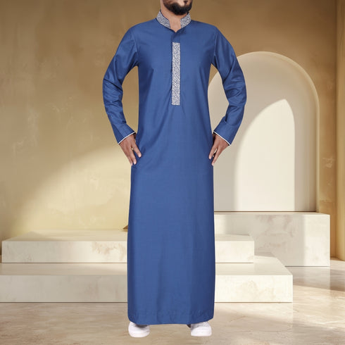 Cobalt Blue Thobe with Detailed Embroidery for a Regal Look