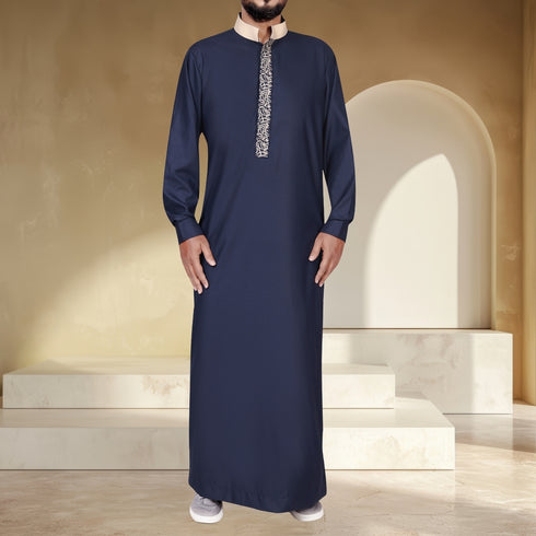 Premium Space Blue Thobe with Artistic Calligraphy