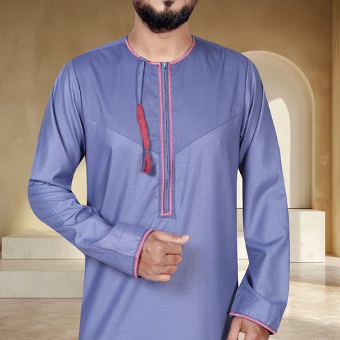 Zenith Steel Blue Tassel Thobe – Modern Elegance with Stylish Embroidery