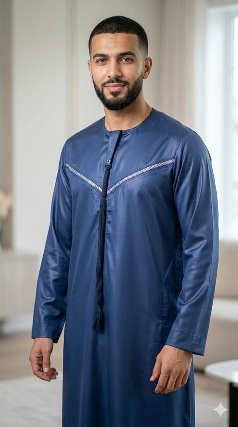 Navy Blue Emirati Thobe with White Embroidery