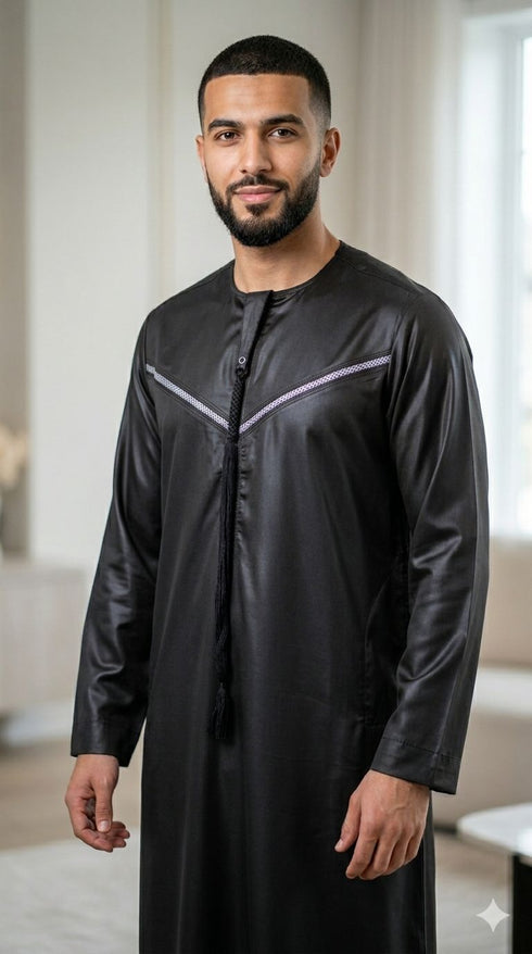 Elegant Black Thobe with Silver Strap Detail for Men
