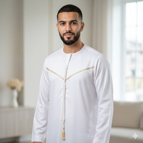 Elegant White Thobe with Gold Stripe Detailing for Men