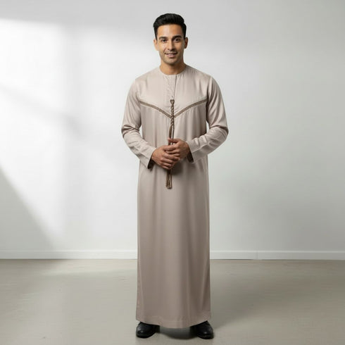 Elegant Desert Beige Emirati Thobe with Brown Stripes