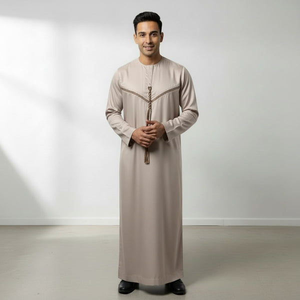 Elegant Desert Beige Emirati Thobe with Brown Stripes