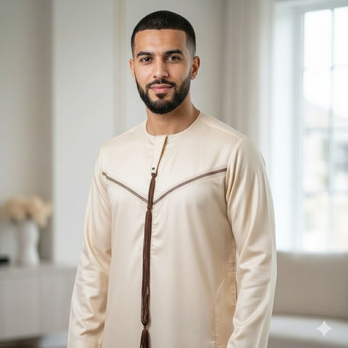Elegant Cream Thobe with Brown Strap Detail for Men